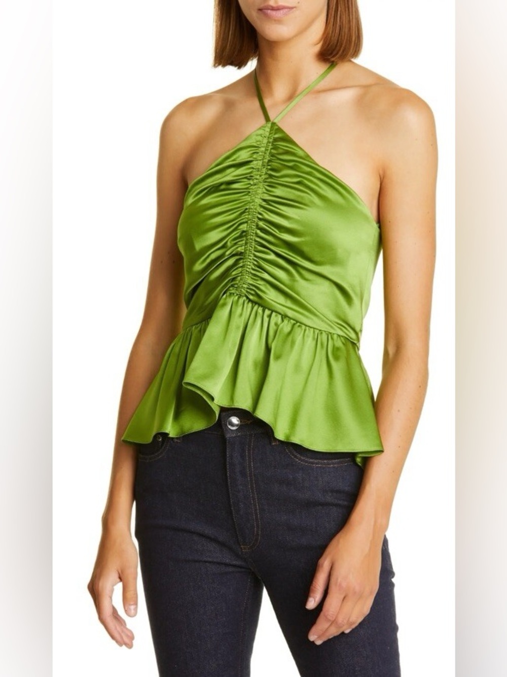 Cinq à Sept NWT Colby Silk Blend Top XS Kelp Green Peplum Halter Neck